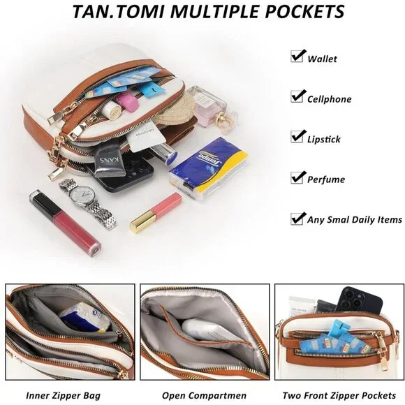 6-Pocket Crossbody Bags for Women, Vegan Leather Shoulder Handbags White Travel - Picture 5 of 7